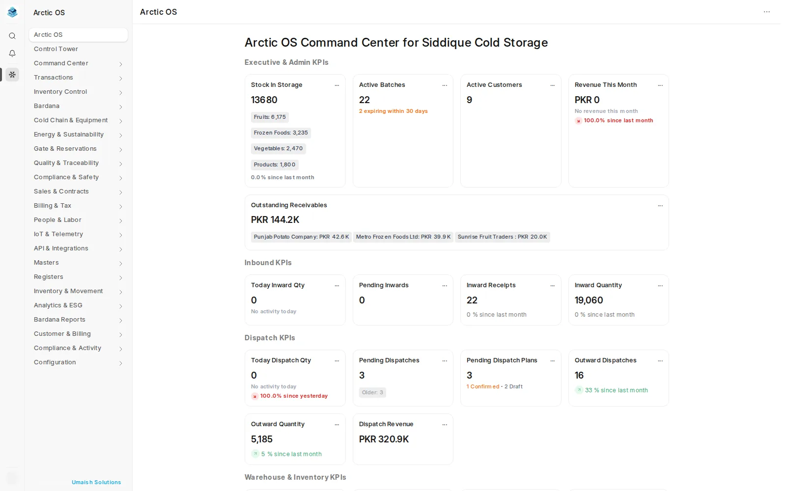 Arctic OS cold storage command center dashboard showing inwards, dispatches, revenue and live batch stock