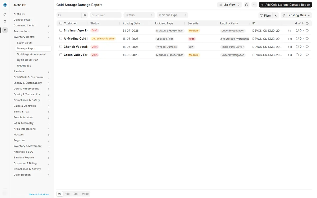 Arctic OS damage and claims register for damaged, spoiled, lost or quarantined stock