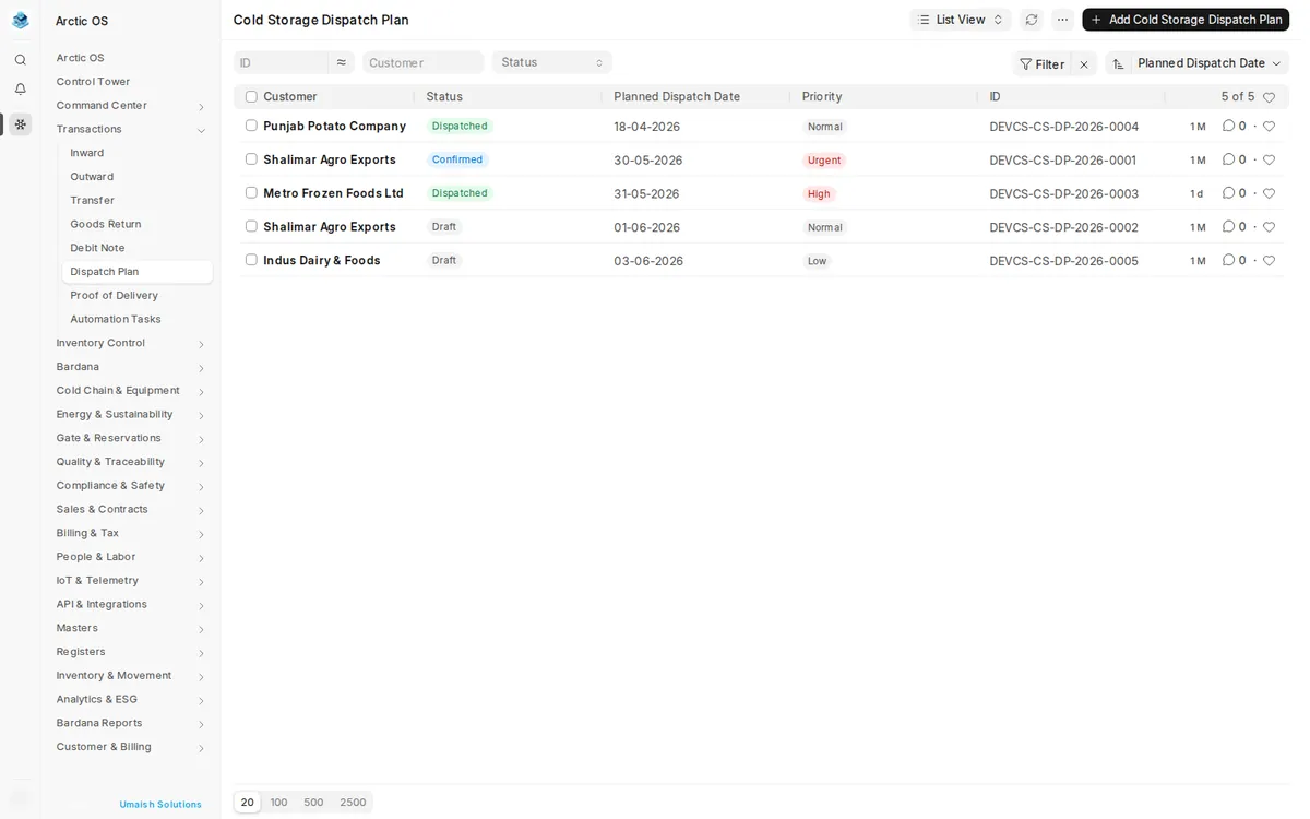 Arctic OS dispatch planning screen for planned outbound work