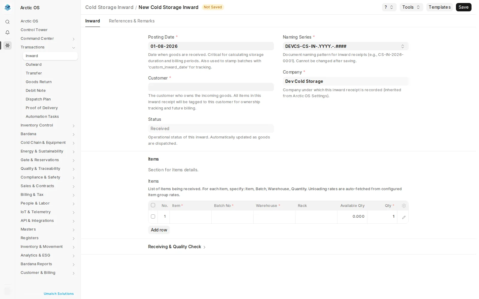 Arctic OS — Inward Receipt form with item, batch, warehouse and rack lines