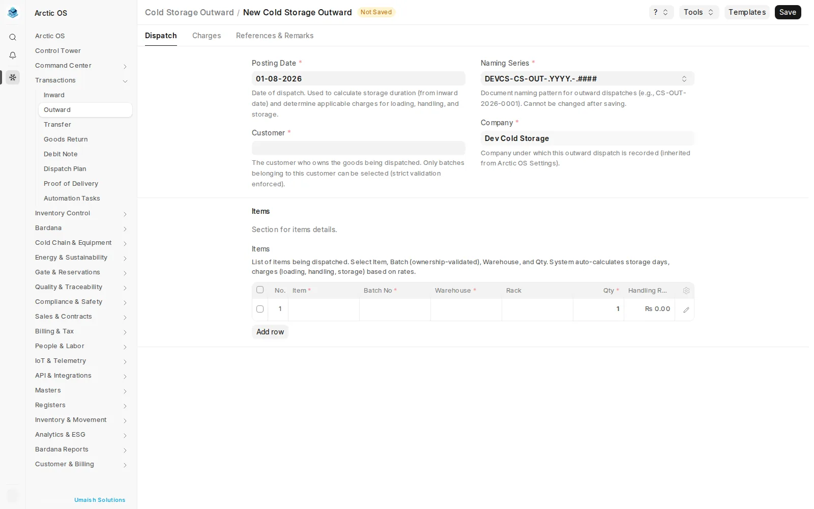Arctic OS — Outward Dispatch with customer-owned batch selection, handling rates and itemized charges