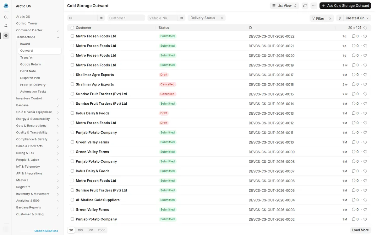 Arctic OS outward dispatch register with customer and delivery-state filtering