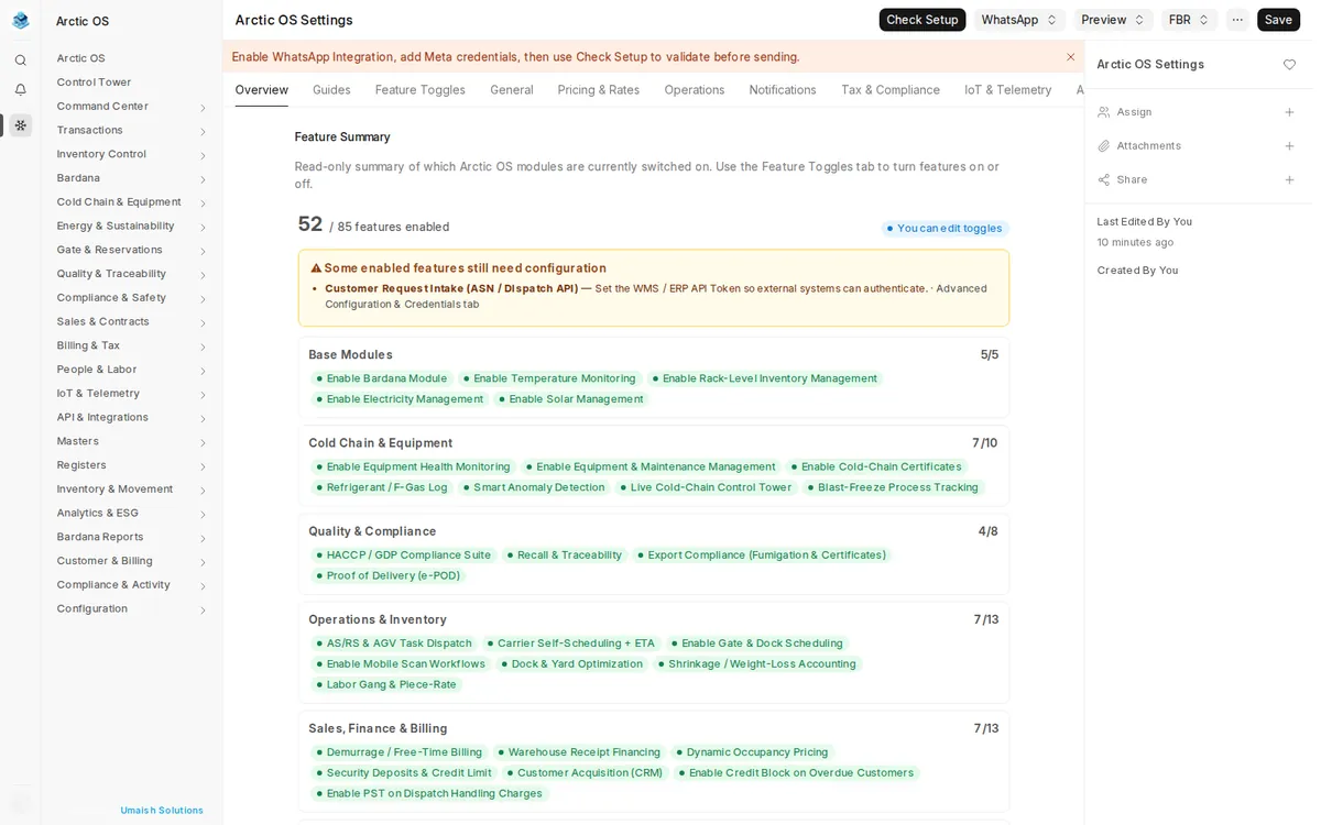 Arctic OS settings — feature overview and configuration health across all modules