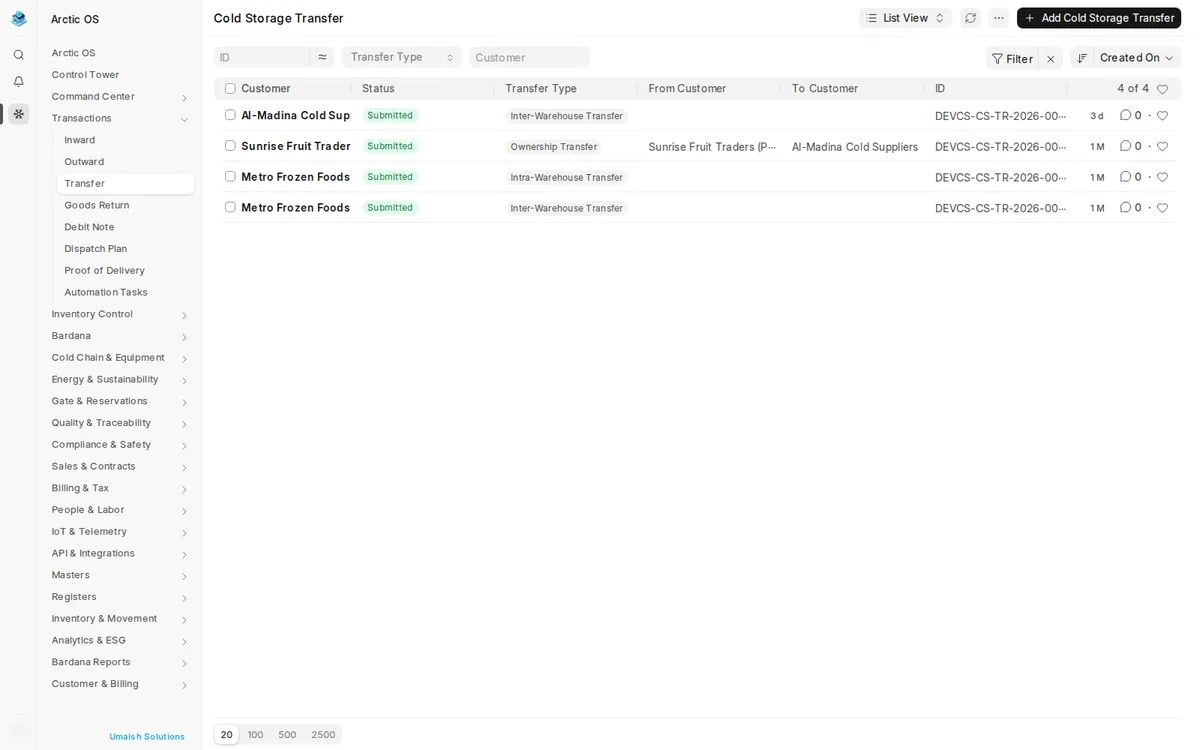 Arctic OS storage transfers — inter-warehouse, intra-warehouse and ownership transfers