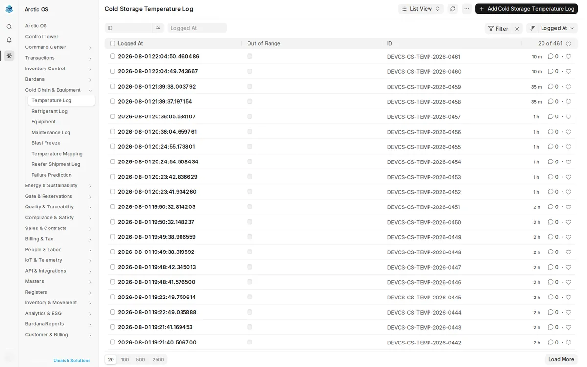 Arctic OS temperature monitoring register with chamber readings and equipment state