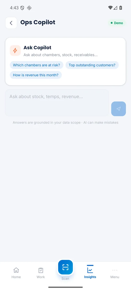 Arctic OS Mobile — Ops Copilot answering plain-language operational questions