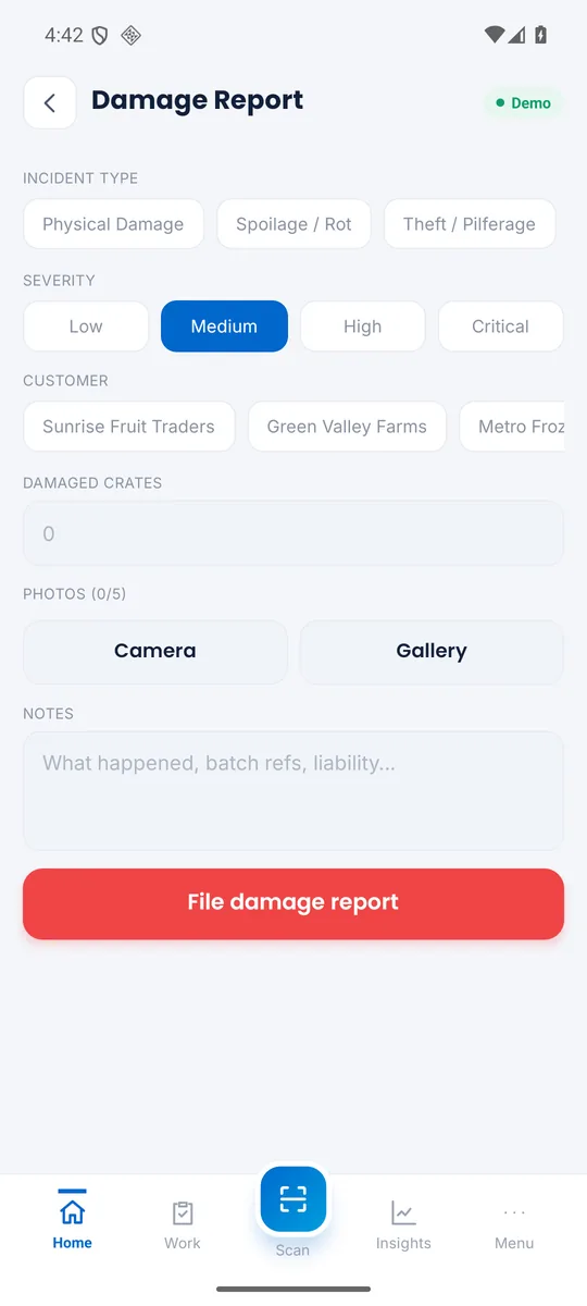 Arctic OS Mobile — damage report with severity, quantity and photos
