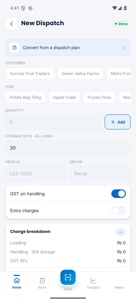 Arctic OS Mobile — new dispatch form with itemized charge breakdown