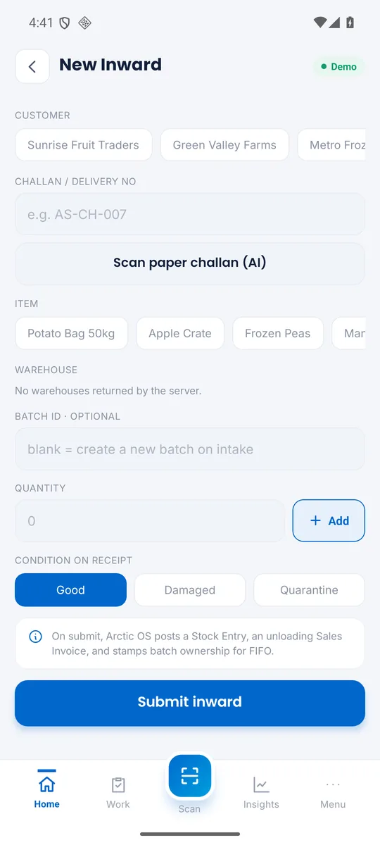 Arctic OS Mobile — new inward receipt form with AI challan capture