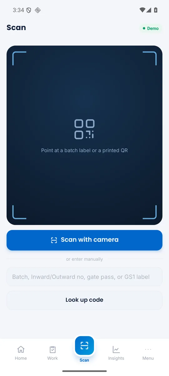 Arctic OS Mobile — camera and manual warehouse code scanning