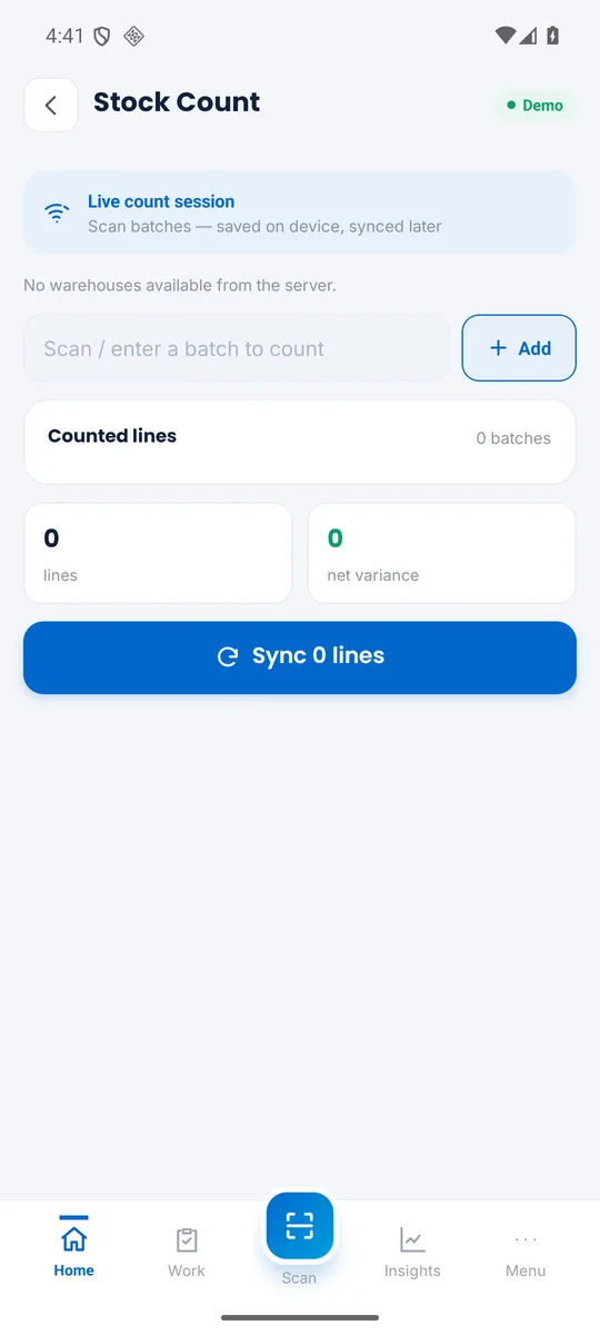Arctic OS Mobile — stock count with durable on-device session and net variance