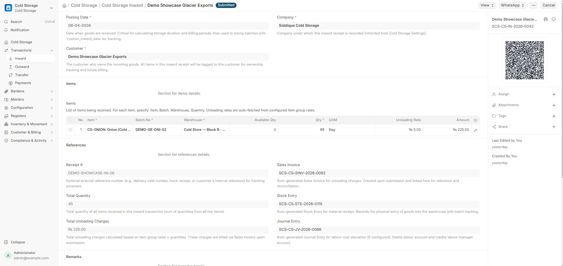 Cold Storage ERP — Inward Transaction Form with Auto-Generated Entries